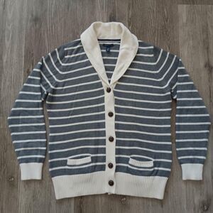 Tommy Hilfiger cardigan womens XL white grey stripe sweater coastal preppy
